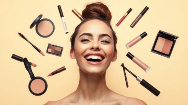 Sweat-proof makeup routines with floating products around a woman.