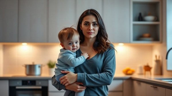 Mother and daughter in modern kitchen, thoughtful moment.