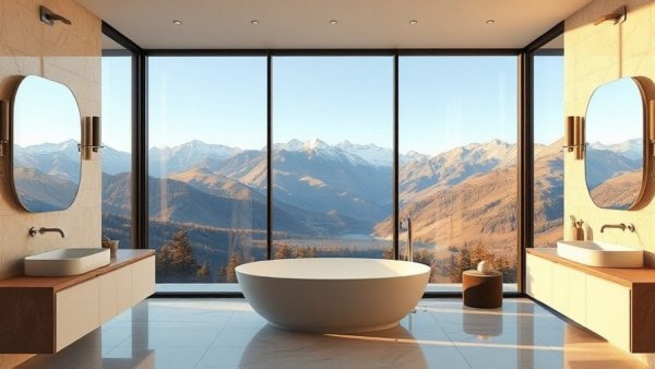 Luxury business hotel bathroom with panoramic mountain views.