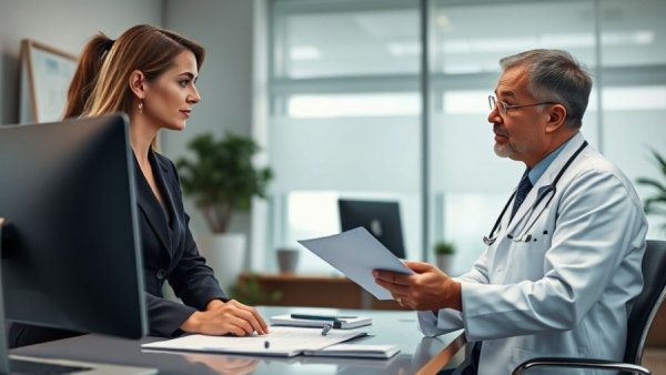 Doctor and woman discussing plastic surgery payment options in office.