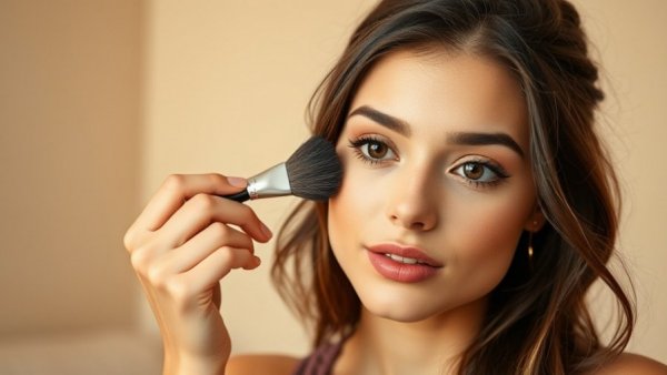 Young woman demonstrates sweat-proof makeup tips with a brush indoors.