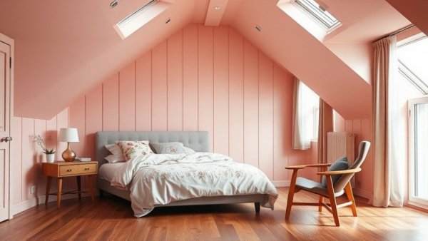 Stylish loft conversion bedroom with pastel walls and cozy decor.
