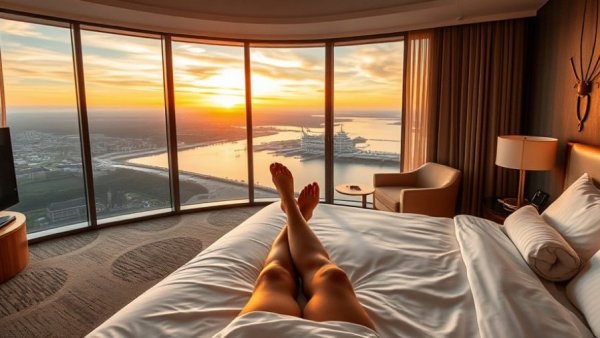 Elegant business hotel room with stunning sunset views, relaxed ambiance.
