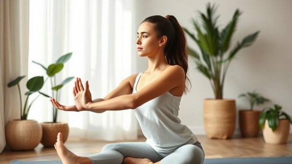 Woman practicing yoga pose indoors highlighting the health benefits of daily yoga.