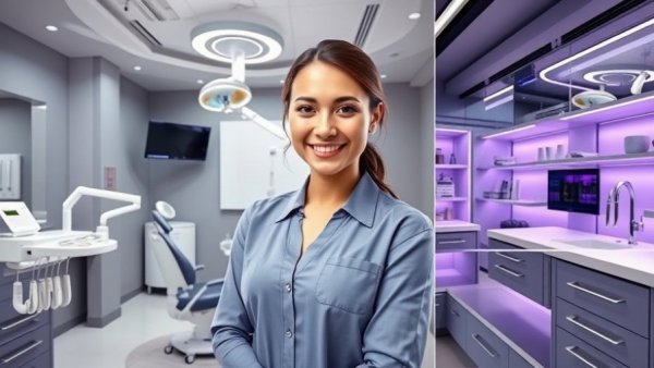 Collage of dental tourism in Budapest; high-tech dental equipment, luxurious clinic, and smiling woman.