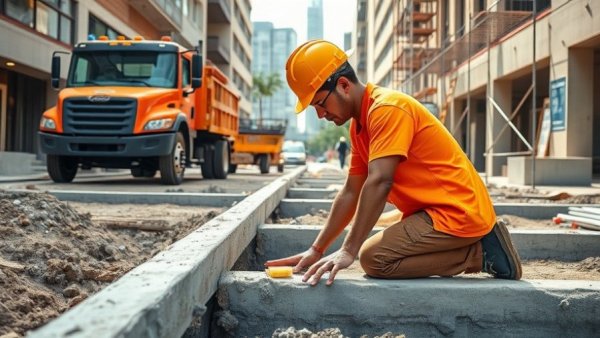 Concrete foundation being laid by worker on construction site
