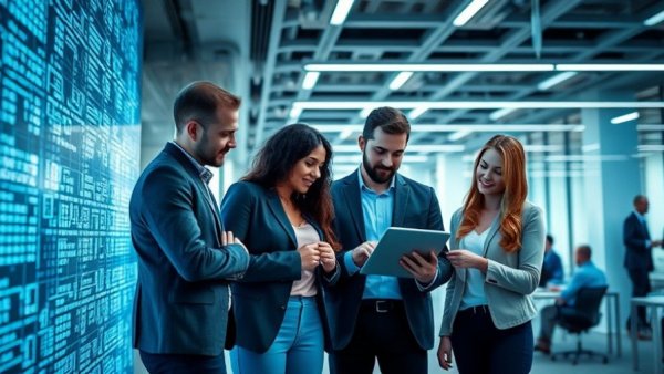 Rising job roles in AI, professionals collaborating on tablet.