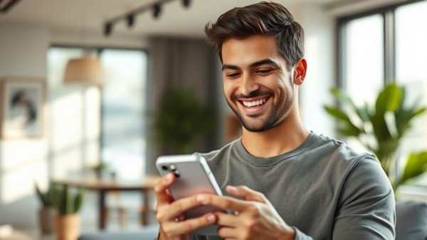 Happy young man engaging with phone, customer review management strategies.