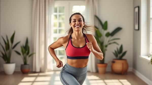 Postpartum cardio workout session with an energetic woman exercising at home.