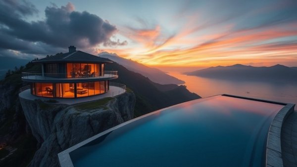 Luxurious mountain cliff villa hotel with infinity pool at sunset.