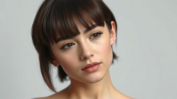 Elegant young woman with chic fringe haircut, stylish idea.