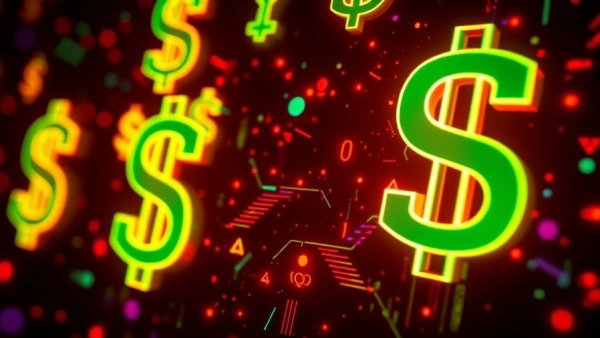 Futuristic currency symbols glowing, vibrant digital art, how to make money with affiliate marketing from home.