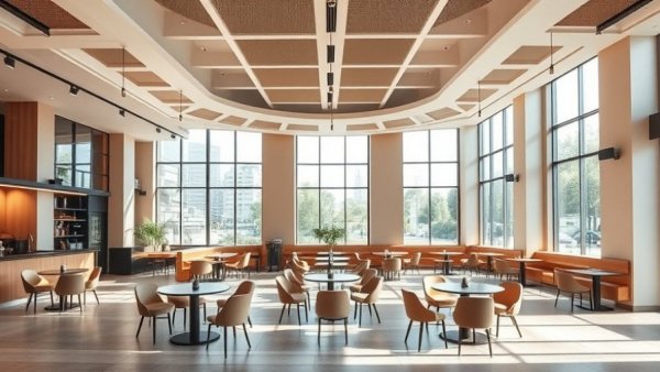 Modern coffee shop with circular design and open, airy atmosphere.