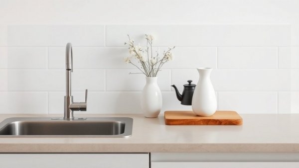 Minimalistic kitchen design with gray tiles and countertop.