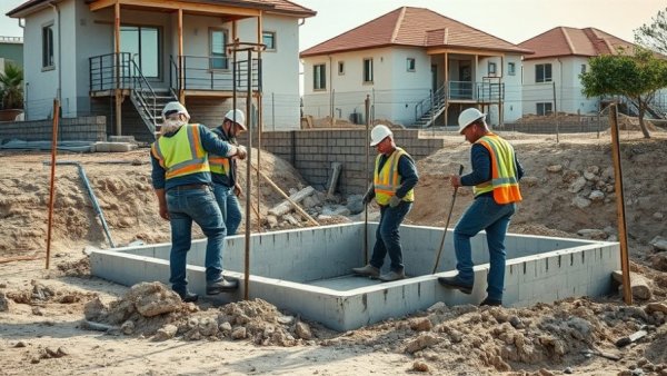 Construction workers laying concrete foundation, foundation construction methods.
