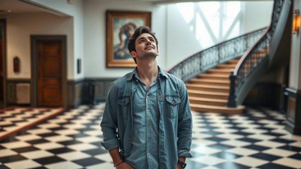 Man in stylish interior with checkered floor contemplating home extension.