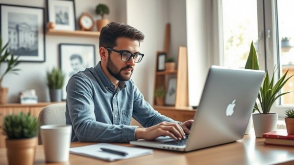 Professional working from home on affiliate marketing, modern setup.