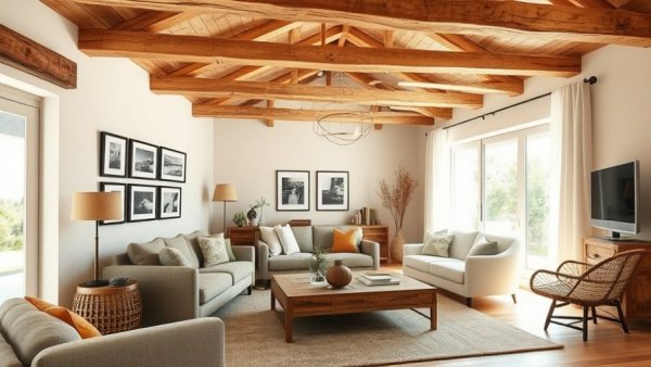 Cozy living room with rustic beams and modern decor in home extension.