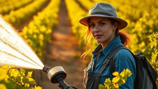 Organic winegrower spraying vineyard during sunset, lush green vines.