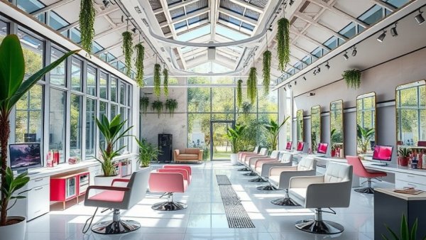 Modern salon showcasing 2026 industry trends with futuristic decor.