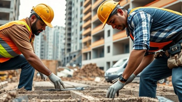 Foundation construction methods with workers on site.