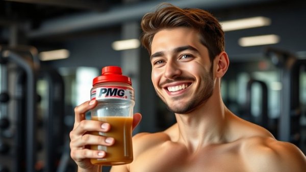 Young man in gym holding pre-workout supplement, vibrant colors, natural lighting