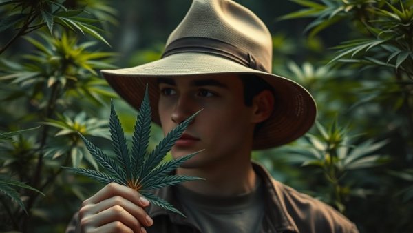 Man with hat enjoying a cannabis leaf among plants in dim light.