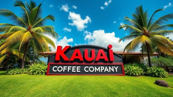 Kauai Coffee sign with palm trees on vibrant green lawn.