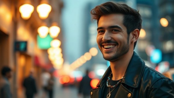 Engaging young man in cityscape, top dining spots background.