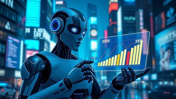 Futuristic marketing predictions robot 2026 cityscape, affiliate marketing insights