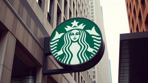 Starbucks logo on building, urban setting.