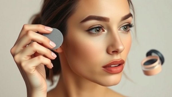 Woman applying makeup with no-bake technique, neutral background