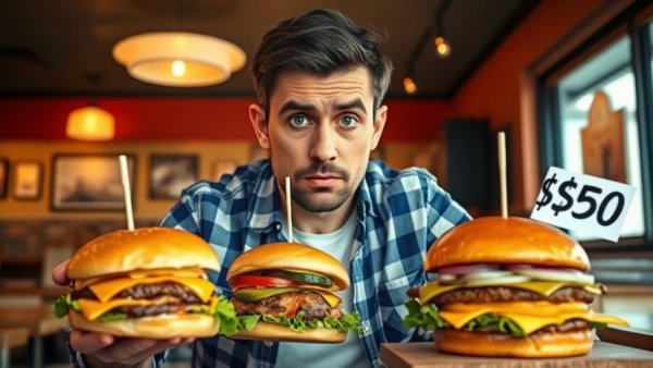 Man compares $5 and $50 burgers in restaurant setting.