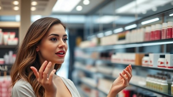 Young woman sharing women's beauty tips in a cosmetics store.