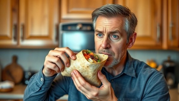 Man tasting keto wrap in kitchen for keto diet.
