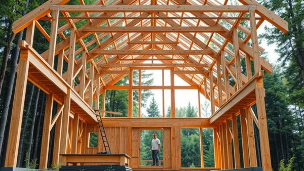 Open-frame wooden building under construction in a forest.