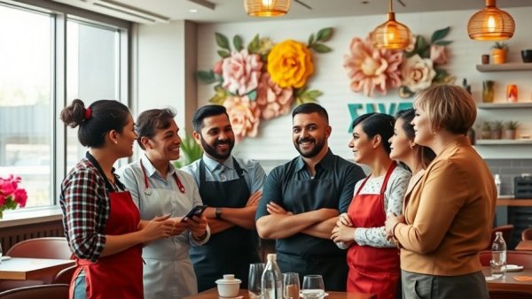 Restaurant managers discussing staffing challenges in a vibrant interior