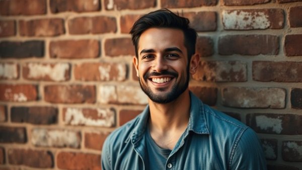 Smiling man against brick wall background.