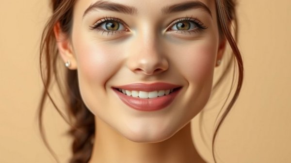 Portrait showcasing the best nude lip combo with subtle smile, beige background.