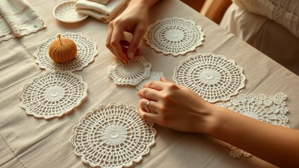Cozy crafting session with hands and lace doilies on a table.