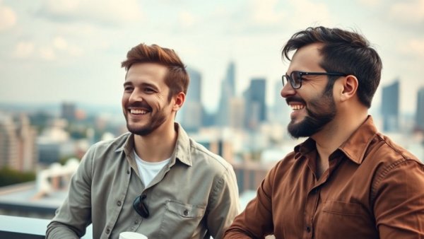 Two men enjoying a rooftop view discussing top dining spots.