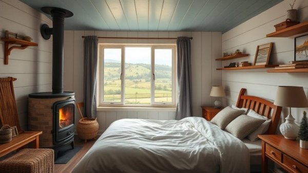 Compact bedroom with rustic decor and scenic view, Construction of a Home Extension.