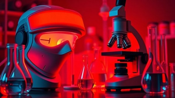 Red light therapy setup with mask and microscope in a lab.