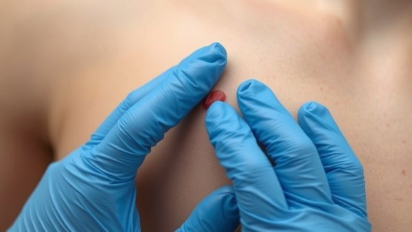 Close-up of gloved hands checking mole, skin cancer detection.