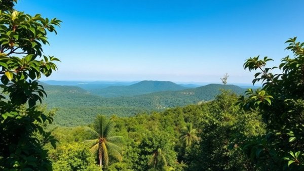 Vibrant coffee agroforestry landscape under clear blue skies.