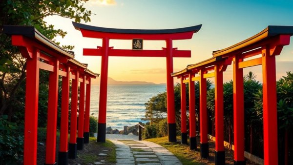 Red torii gates on a coastal path in Japan at sunset.