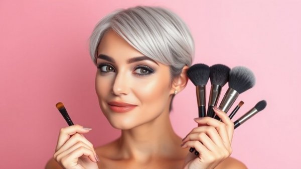 Confident woman with makeup brushes against a pink gradient backdrop.