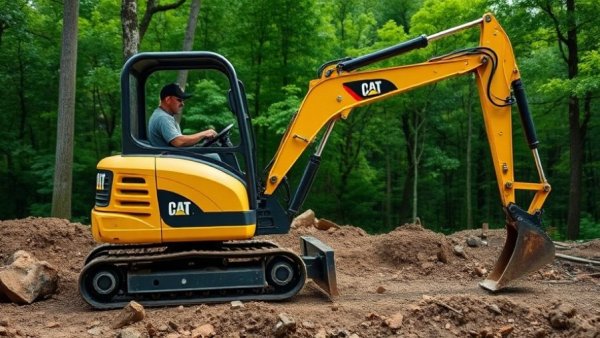 Yellow Cat 308 CR Mini-Excavator operating on a construction site with a forest backdrop.