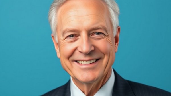 Portrait of a smiling older man in a suit, bright blue backdrop.