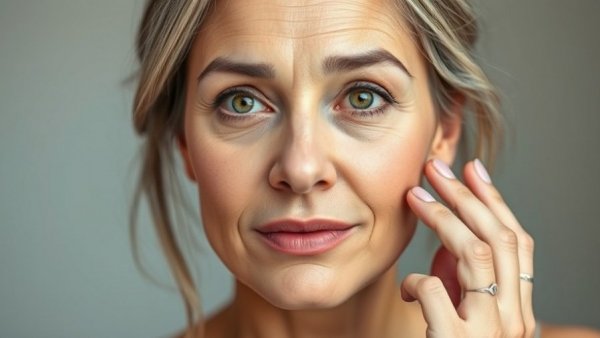 Mature woman demonstrating makeup tutorial in neutral setting.